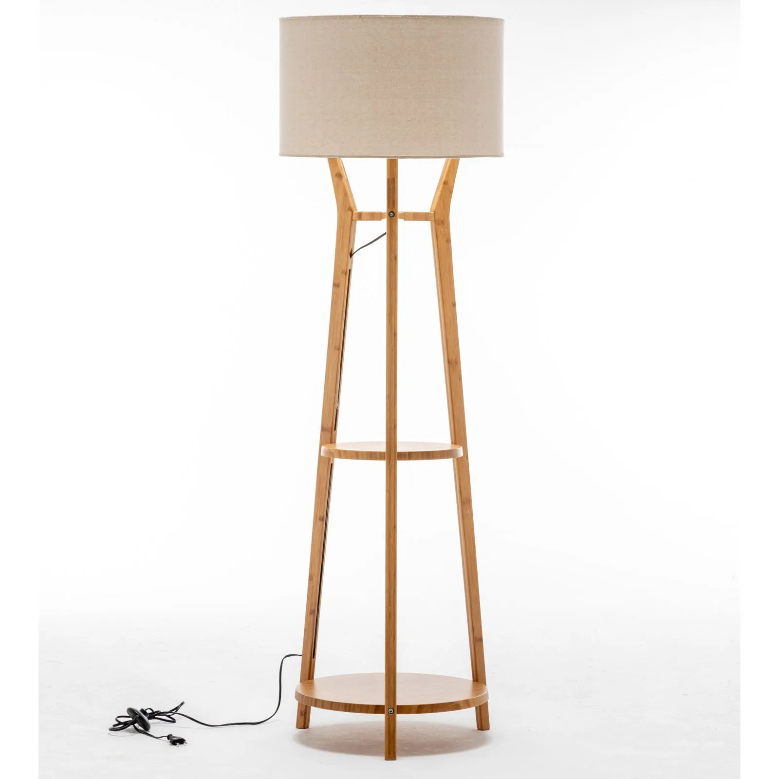 168cm Large Bamboo Wooden Tripod Floor Lamp with Modern Linen Shade & Shelves