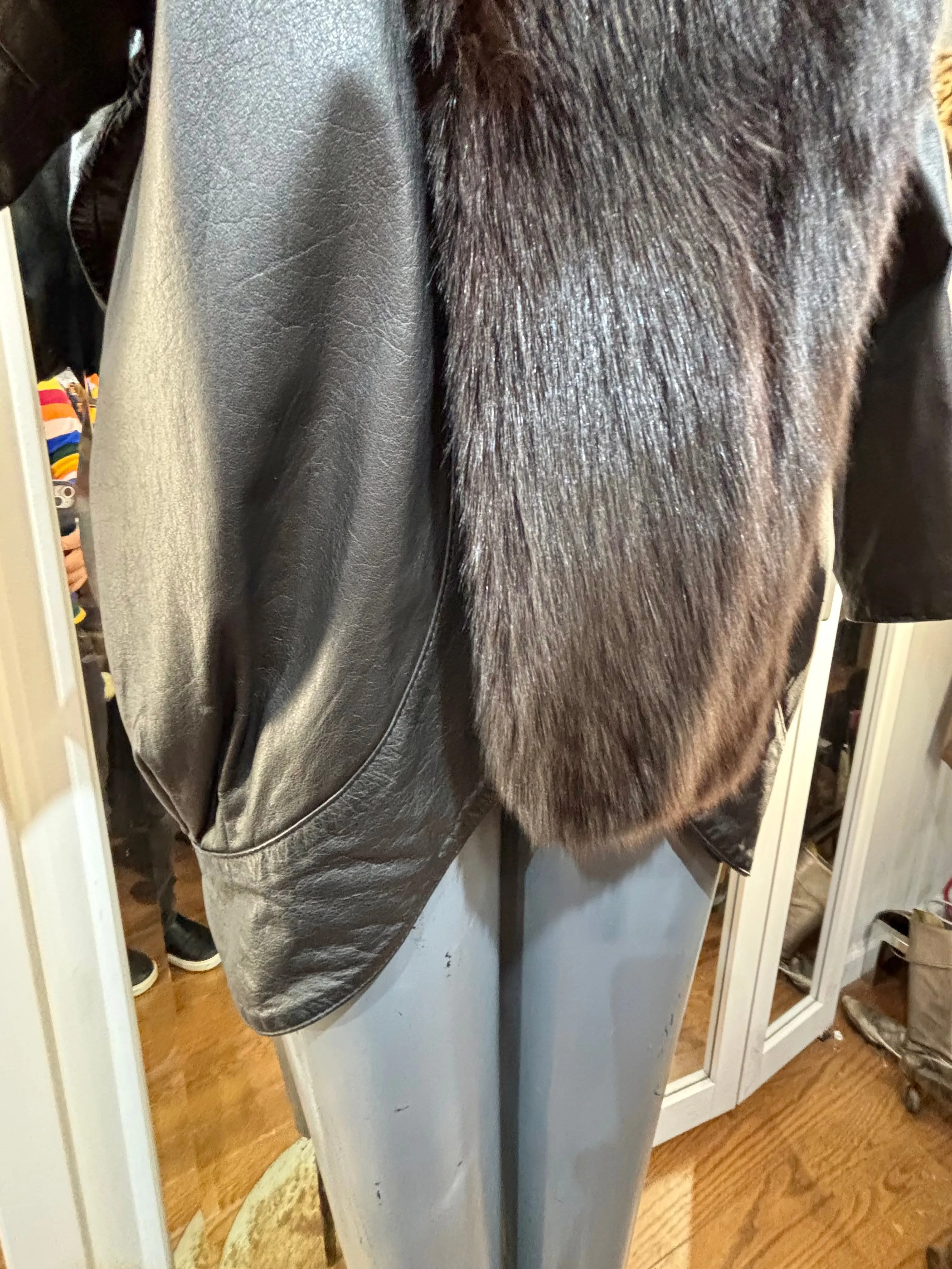 80’s Going 20’s Black Leather Coat With Fur Collar And Front Trim By JF