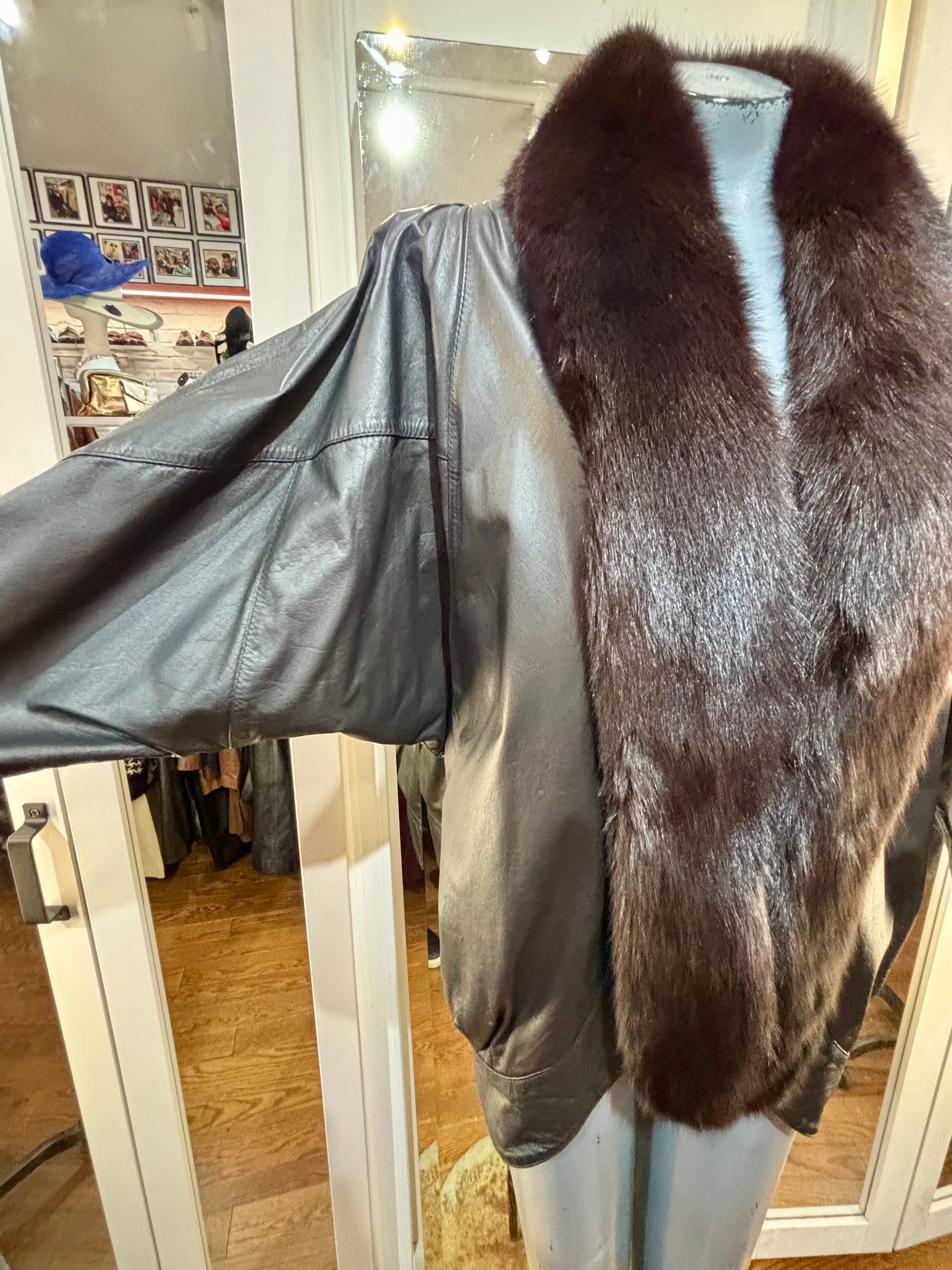 80’s Going 20’s Black Leather Coat With Fur Collar And Front Trim By JF