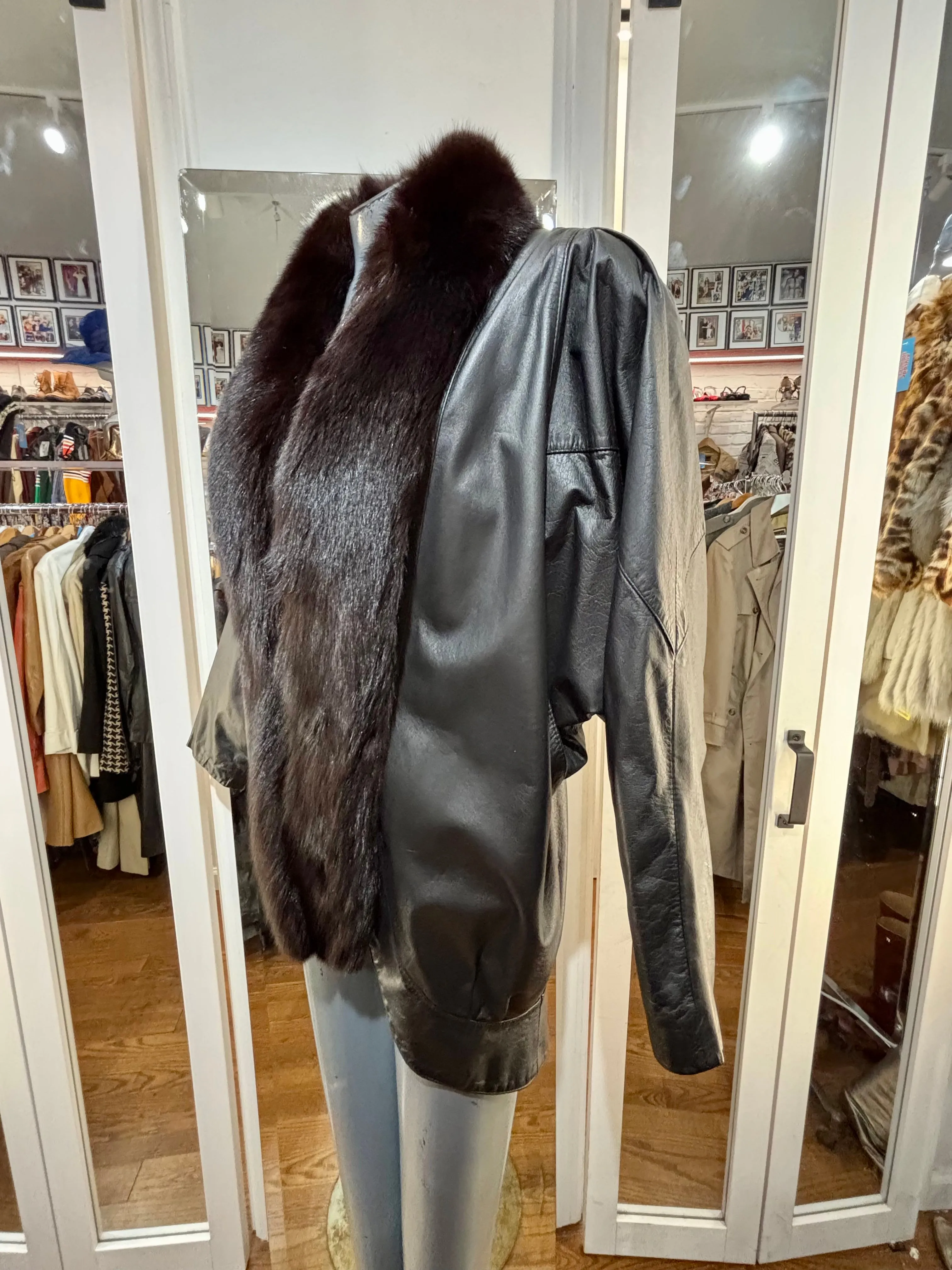 80’s Going 20’s Black Leather Coat With Fur Collar And Front Trim By JF