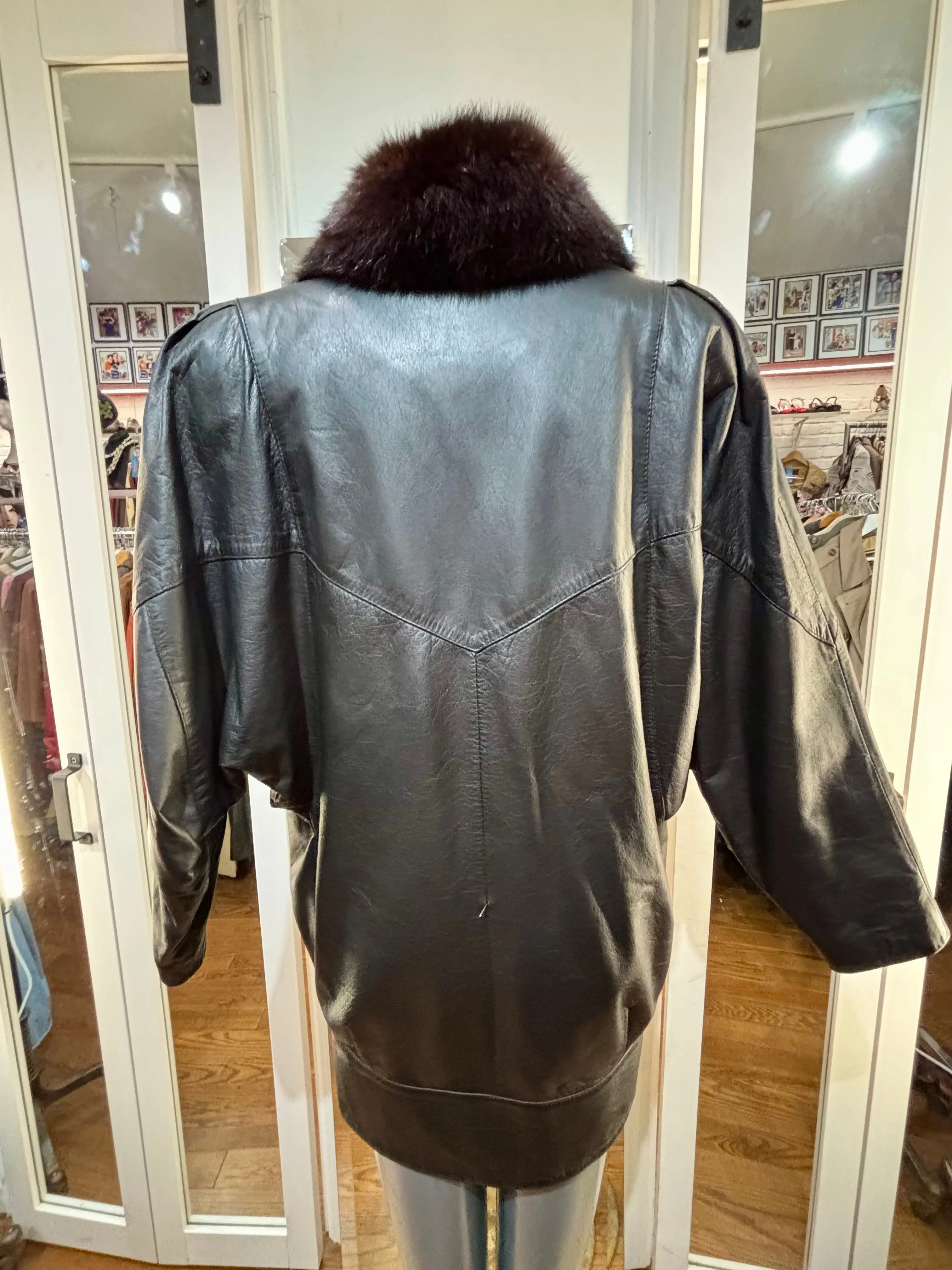 80’s Going 20’s Black Leather Coat With Fur Collar And Front Trim By JF