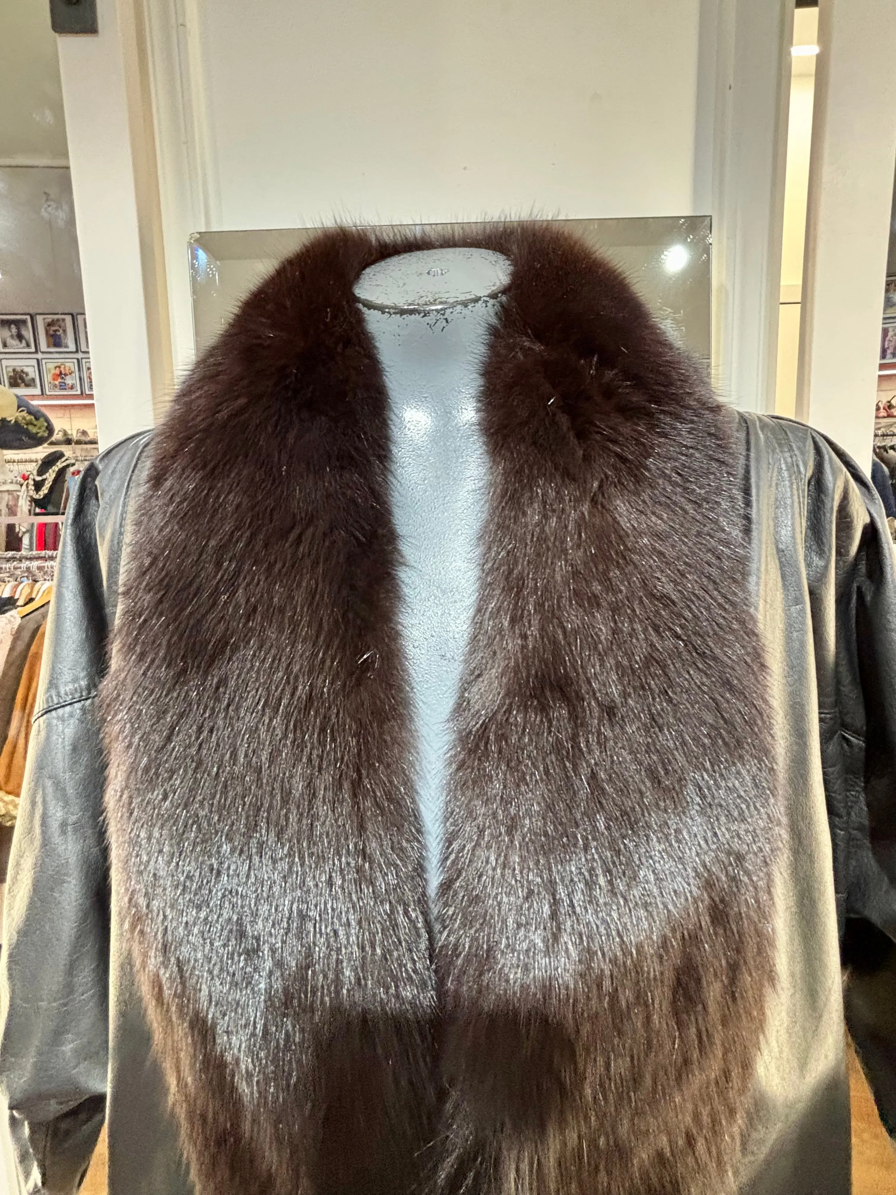 80’s Going 20’s Black Leather Coat With Fur Collar And Front Trim By JF