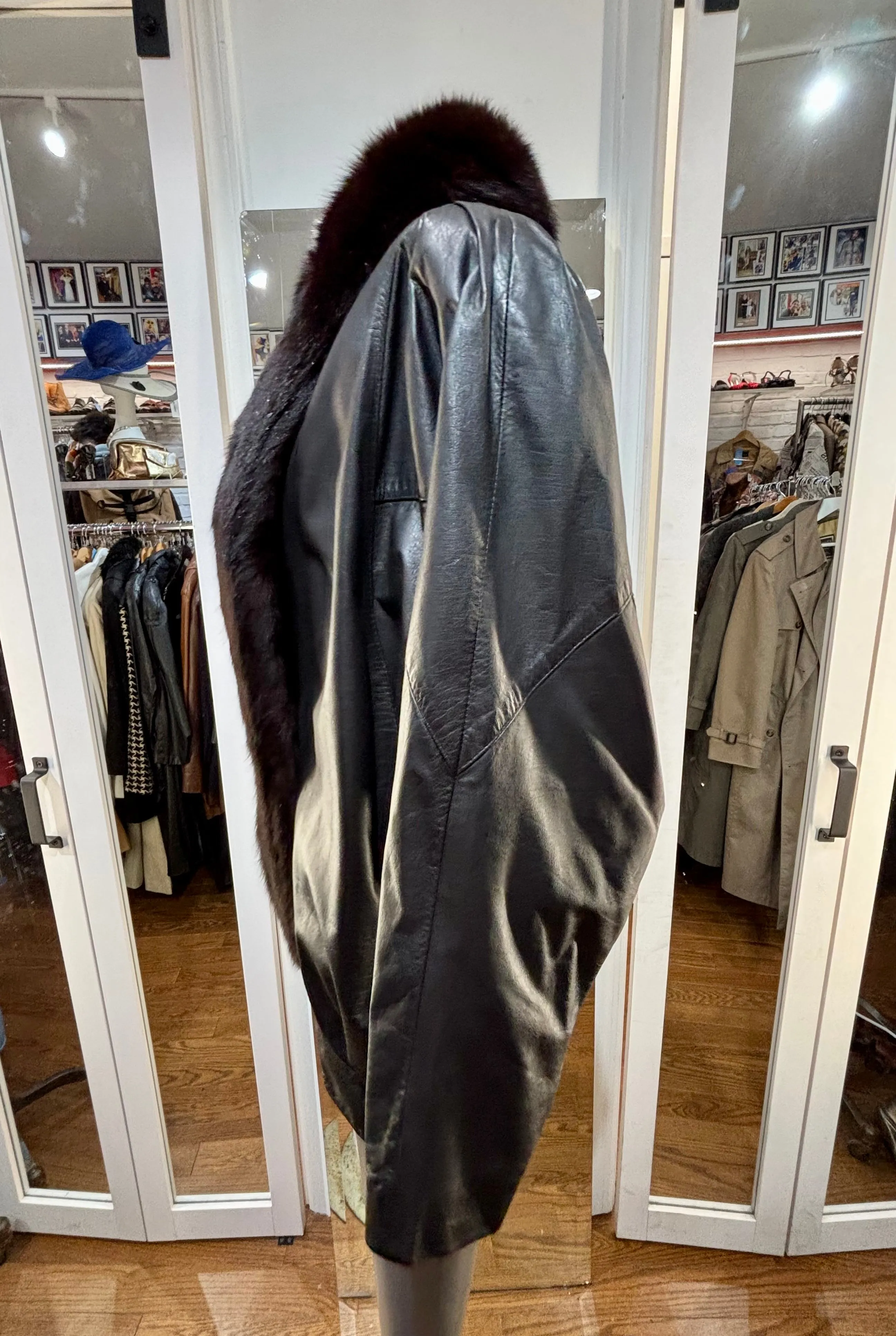 80’s Going 20’s Black Leather Coat With Fur Collar And Front Trim By JF
