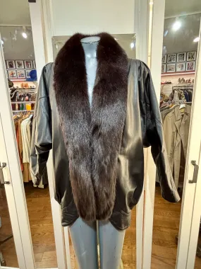 80’s Going 20’s Black Leather Coat With Fur Collar And Front Trim By JF