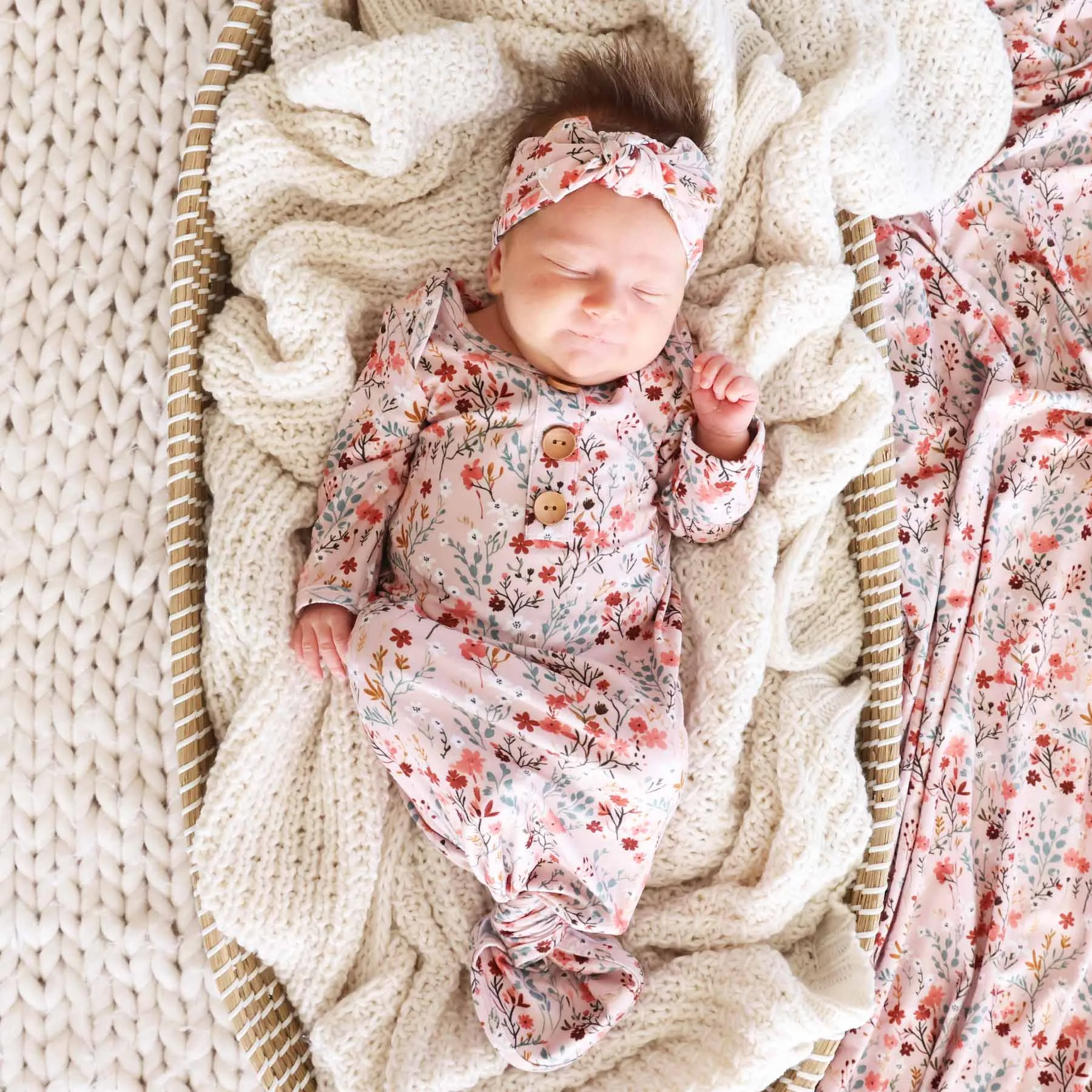Autumn Blooms Newborn Baby Knot Gown & Hat Set