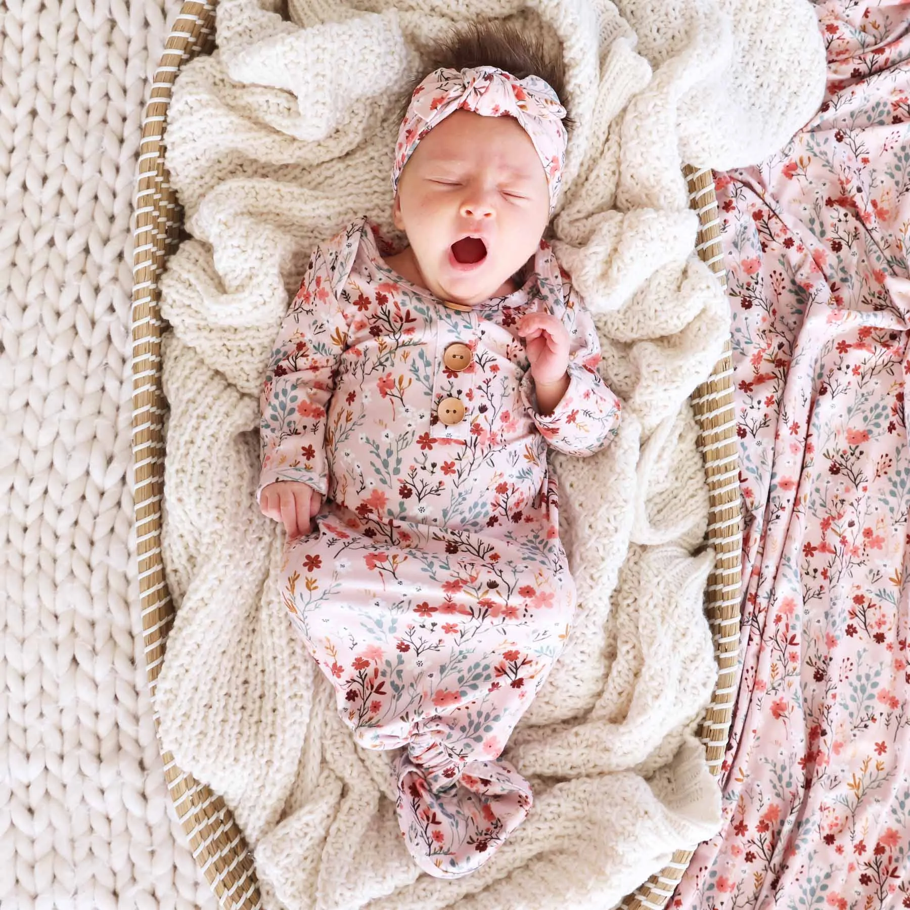 Autumn Blooms Newborn Baby Knot Gown & Hat Set
