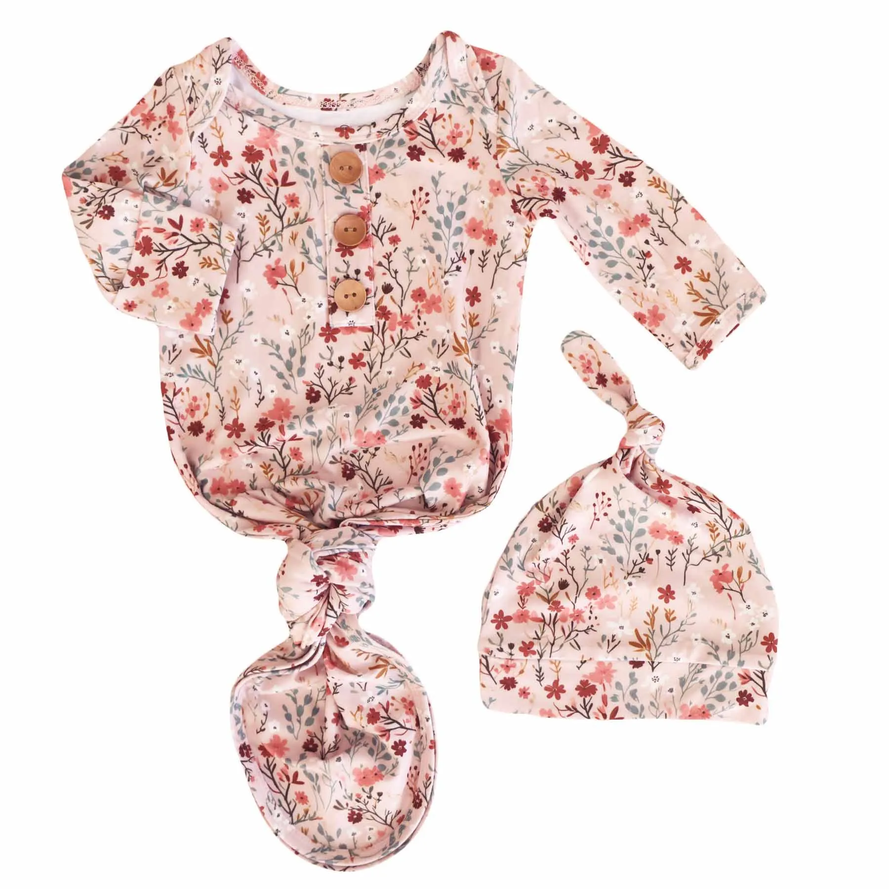 Autumn Blooms Newborn Baby Knot Gown & Hat Set