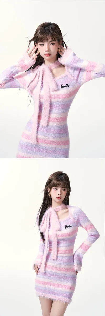 Barbie Striped Skinny Halterneck Wrap Hip Dress
