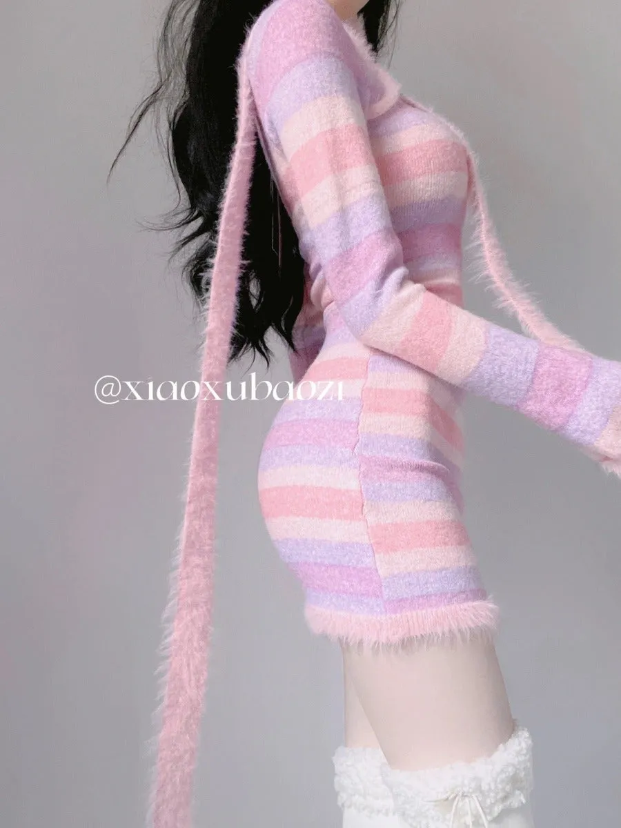 Barbie Striped Skinny Halterneck Wrap Hip Dress