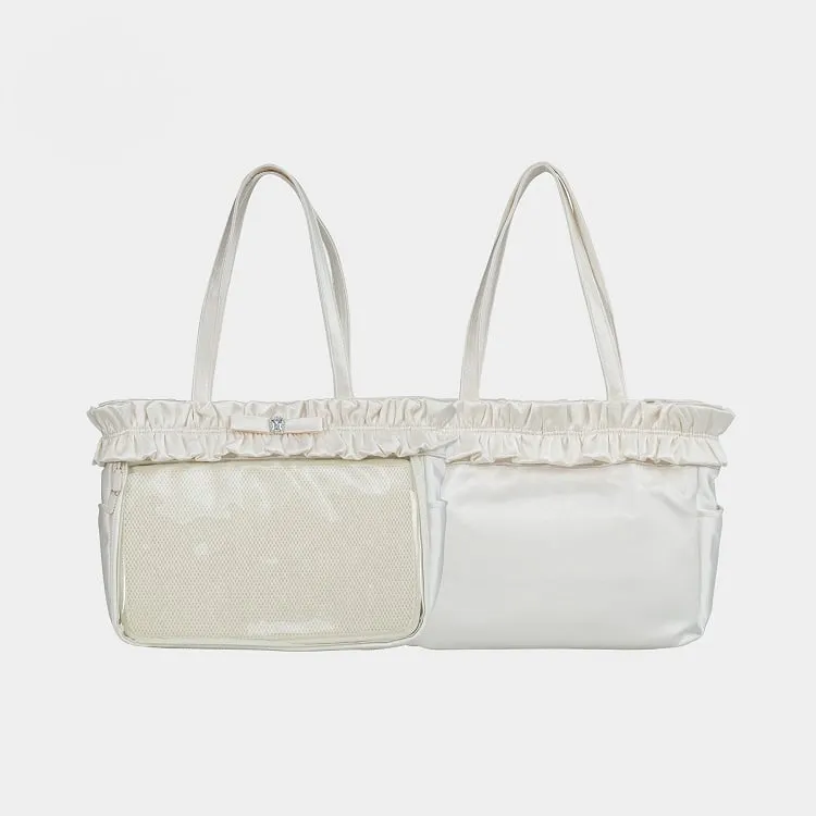 Beige Ruffle Trim Rhinestone Bowknot Ita Tote Bag