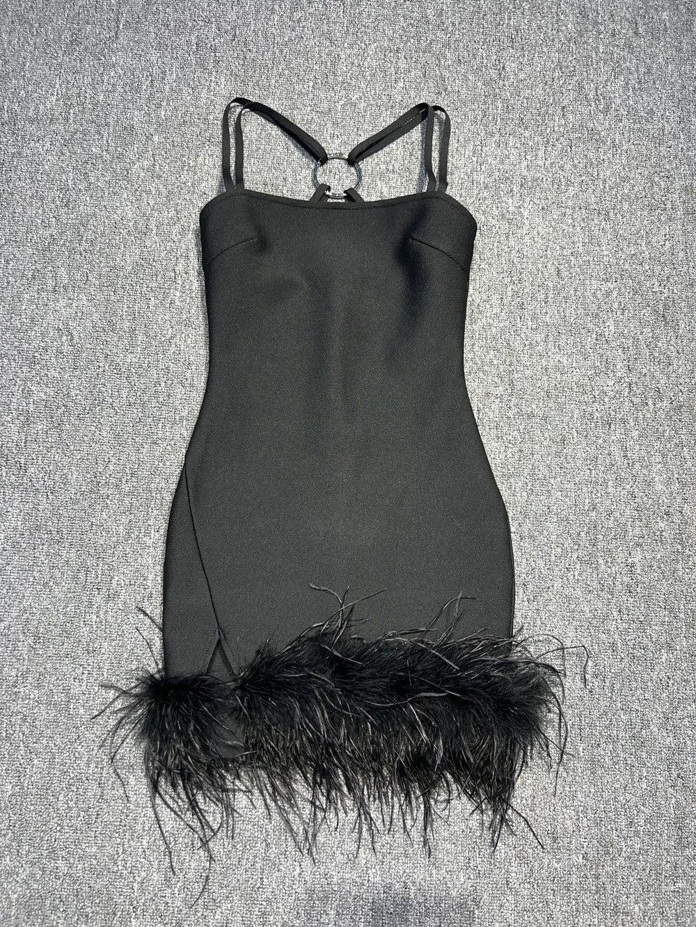 Black Spaghetti Strap Feather Dress