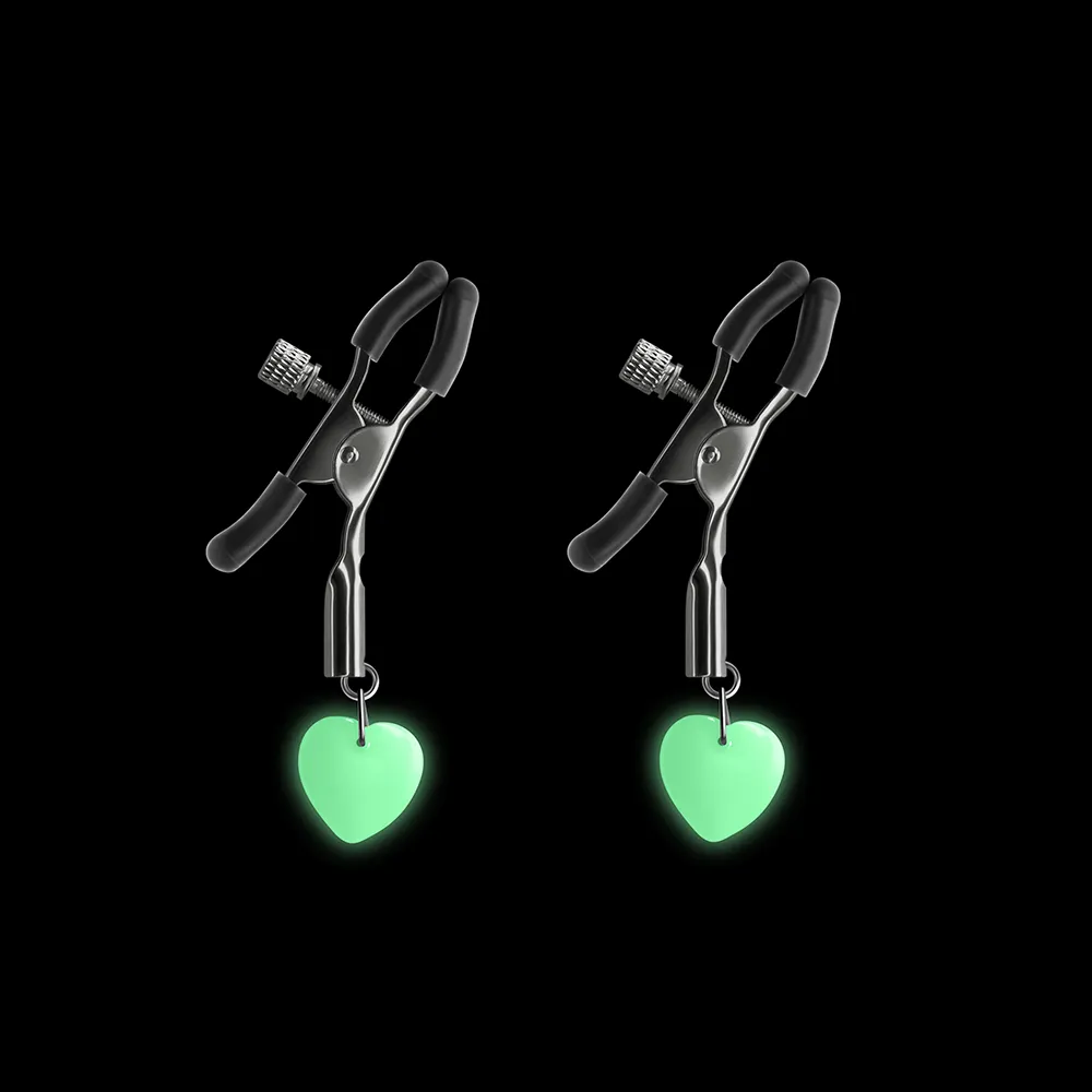 Bound Nipple Clamps With Glow In The Dark Heart Charms