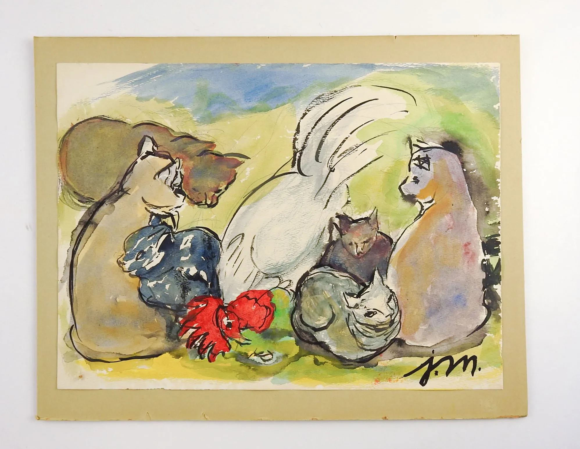 Cats & Rooster By Josephine Mahaffey Watercolor Painting