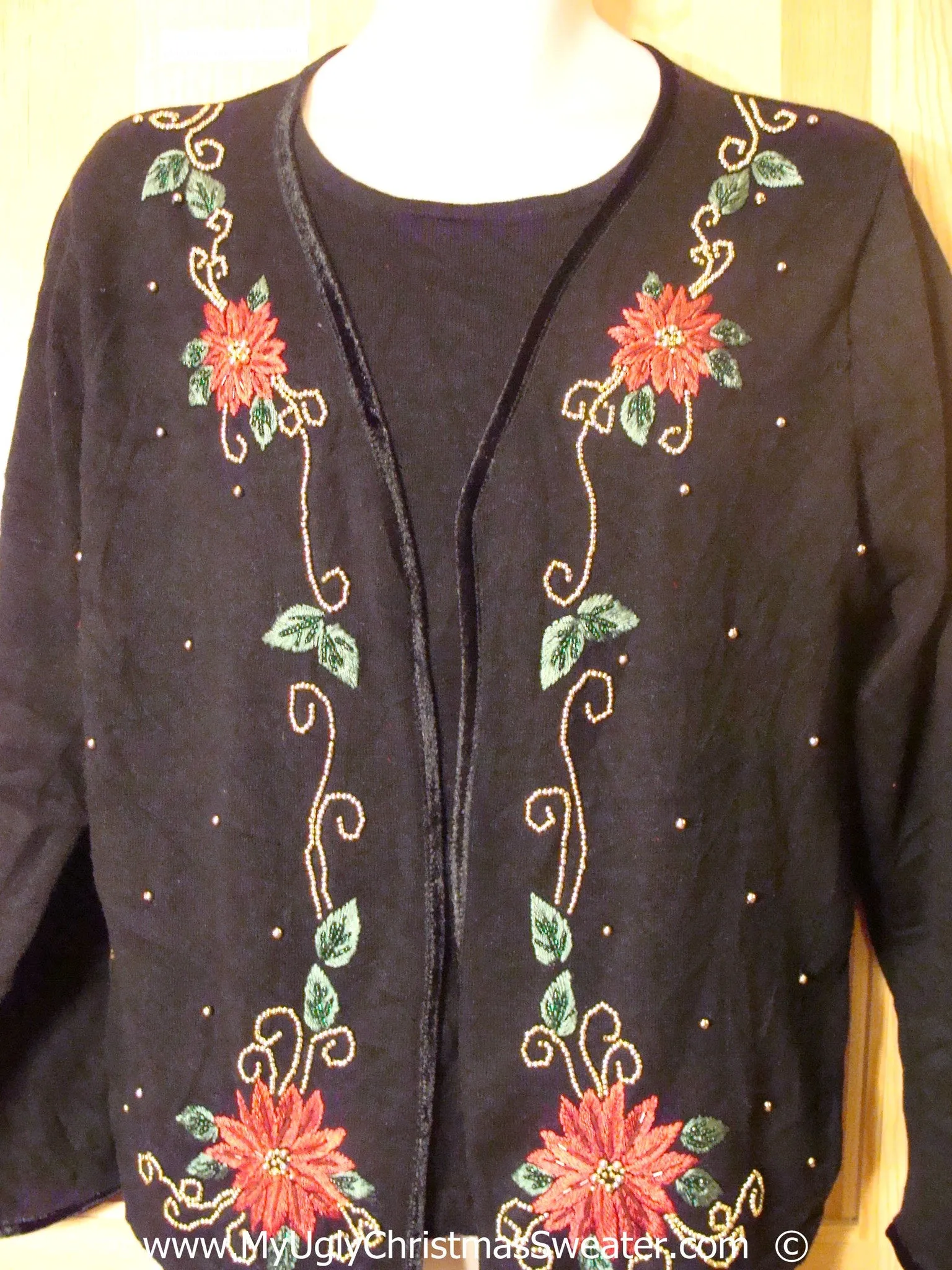 Cheesy Black Christmas Sweater Set with Poinsttias