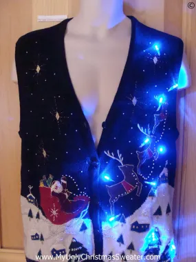 Christmas Sweater Vest with Lights Santa and Flying Reindeer (g249)