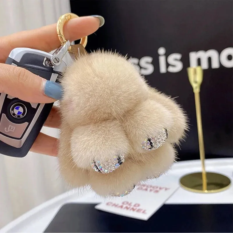 Cute Soft Luxury Furry Bunny Rabbit Rhinestone Plushie Keychain Phone Bag Charm