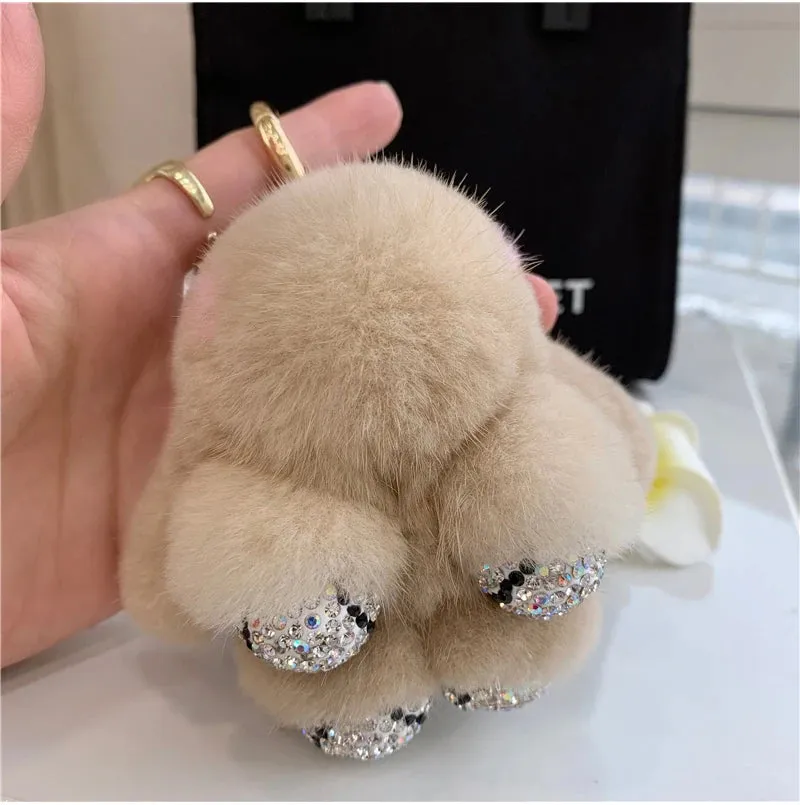 Cute Soft Luxury Furry Bunny Rabbit Rhinestone Plushie Keychain Phone Bag Charm