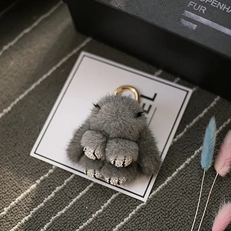 Cute Soft Luxury Furry Bunny Rabbit Rhinestone Plushie Keychain Phone Bag Charm