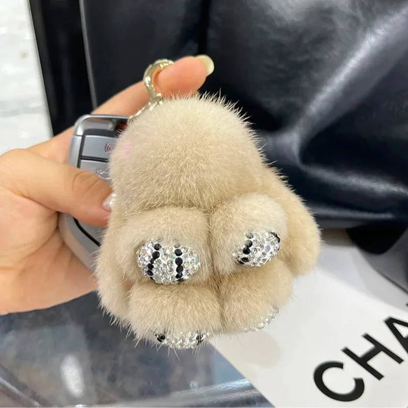 Cute Soft Luxury Furry Bunny Rabbit Rhinestone Plushie Keychain Phone Bag Charm