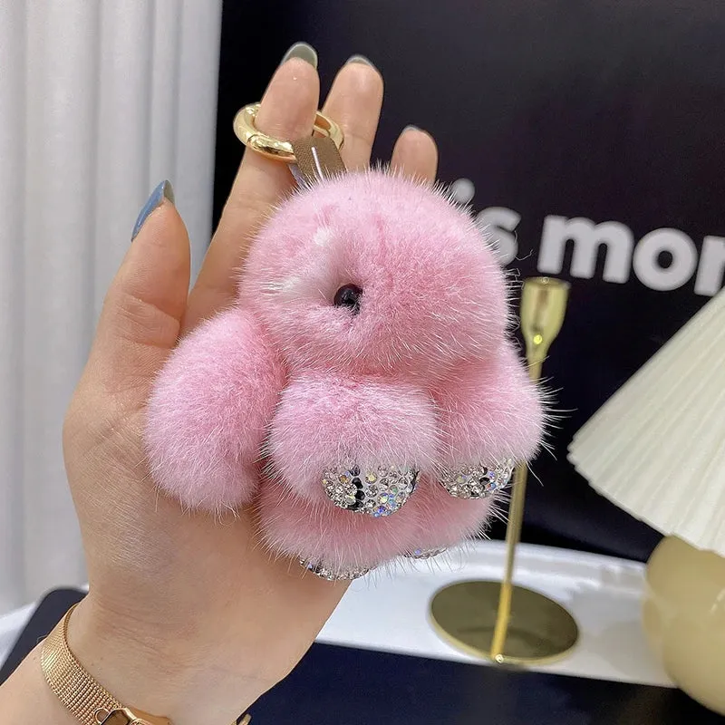 Cute Soft Luxury Furry Bunny Rabbit Rhinestone Plushie Keychain Phone Bag Charm