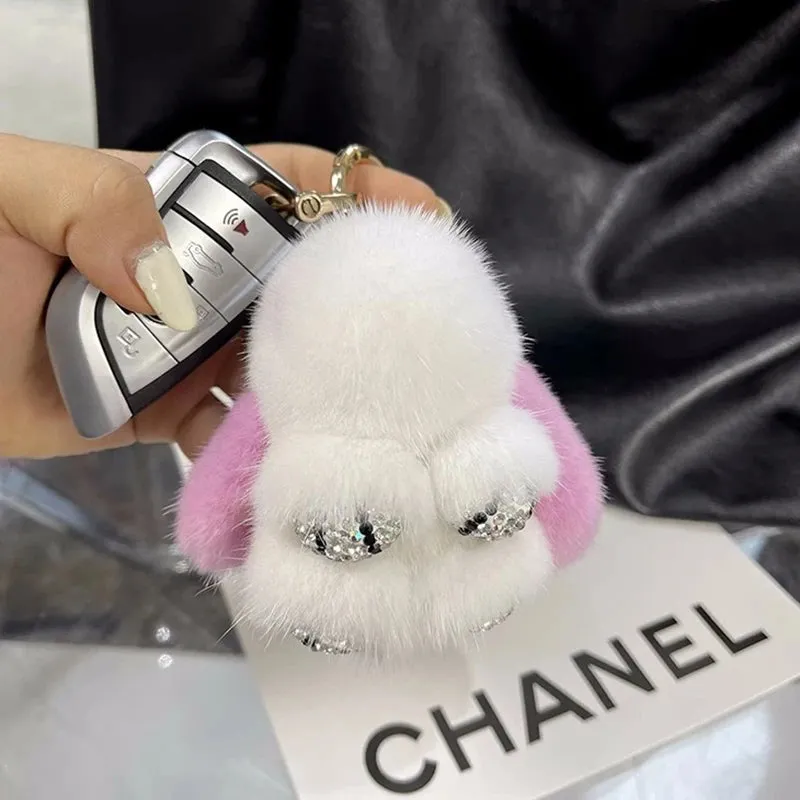Cute Soft Luxury Furry Bunny Rabbit Rhinestone Plushie Keychain Phone Bag Charm