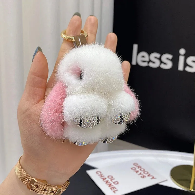 Cute Soft Luxury Furry Bunny Rabbit Rhinestone Plushie Keychain Phone Bag Charm
