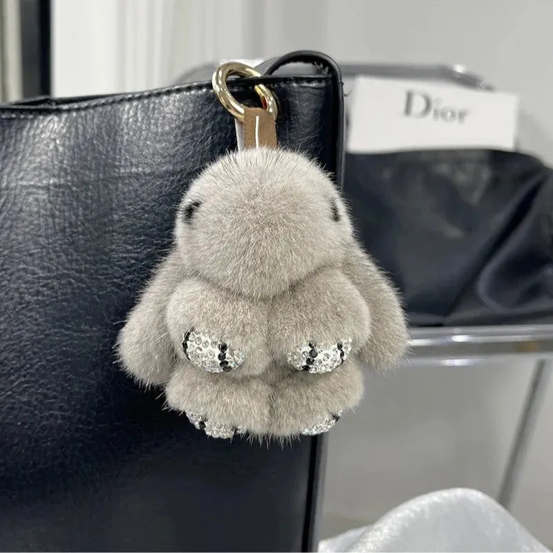 Cute Soft Luxury Furry Bunny Rabbit Rhinestone Plushie Keychain Phone Bag Charm