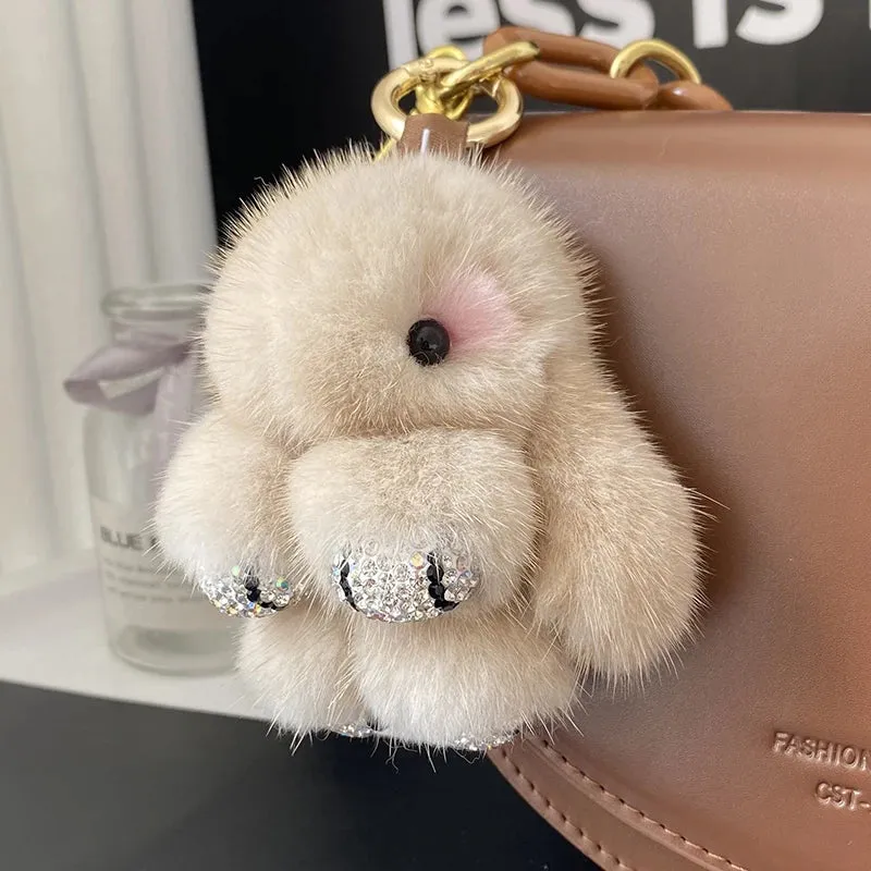 Cute Soft Luxury Furry Bunny Rabbit Rhinestone Plushie Keychain Phone Bag Charm