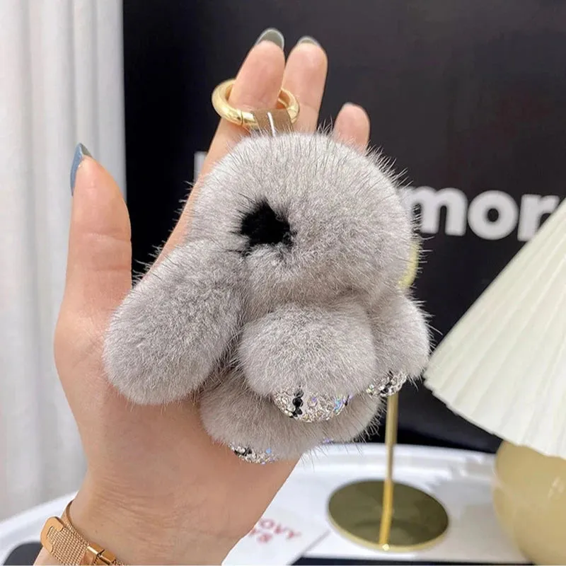 Cute Soft Luxury Furry Bunny Rabbit Rhinestone Plushie Keychain Phone Bag Charm