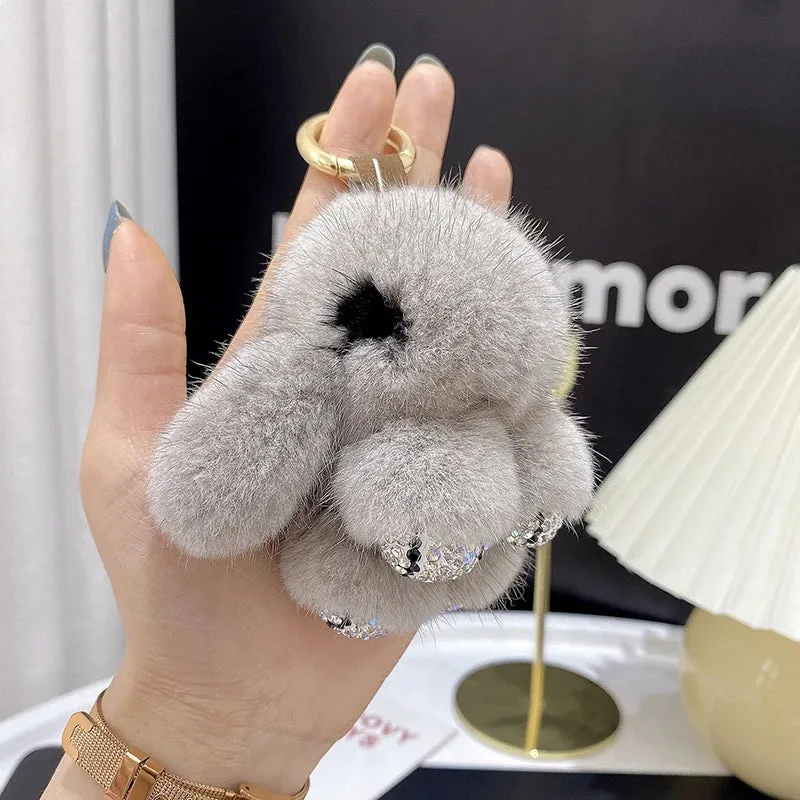 Cute Soft Luxury Furry Bunny Rabbit Rhinestone Plushie Keychain Phone Bag Charm