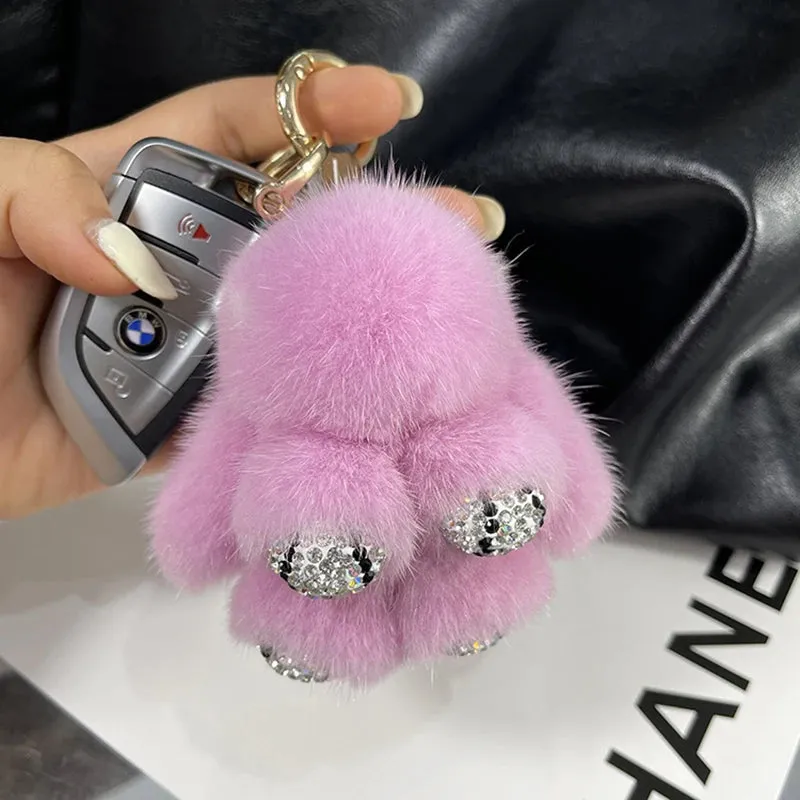 Cute Soft Luxury Furry Bunny Rabbit Rhinestone Plushie Keychain Phone Bag Charm