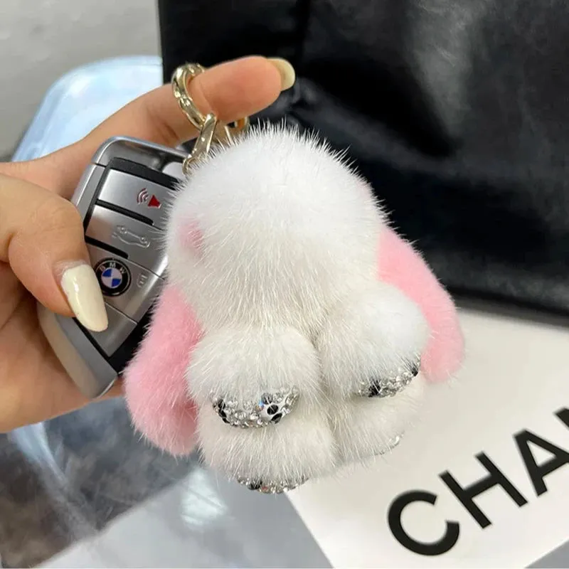 Cute Soft Luxury Furry Bunny Rabbit Rhinestone Plushie Keychain Phone Bag Charm