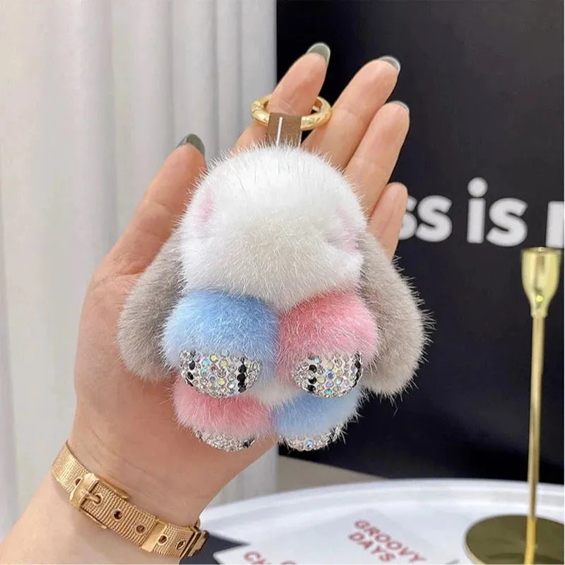 Cute Soft Luxury Furry Bunny Rabbit Rhinestone Plushie Keychain Phone Bag Charm