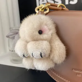 Cute Soft Luxury Furry Bunny Rabbit Rhinestone Plushie Keychain Phone Bag Charm