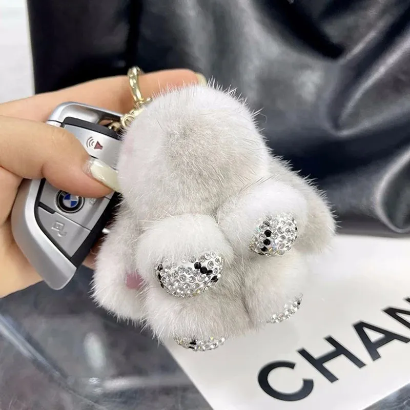 Cute Soft Luxury Furry Bunny Rabbit Rhinestone Plushie Keychain Phone Bag Charm