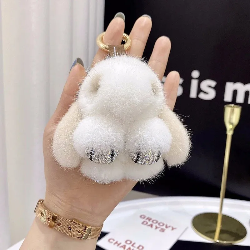 Cute Soft Luxury Furry Bunny Rabbit Rhinestone Plushie Keychain Phone Bag Charm