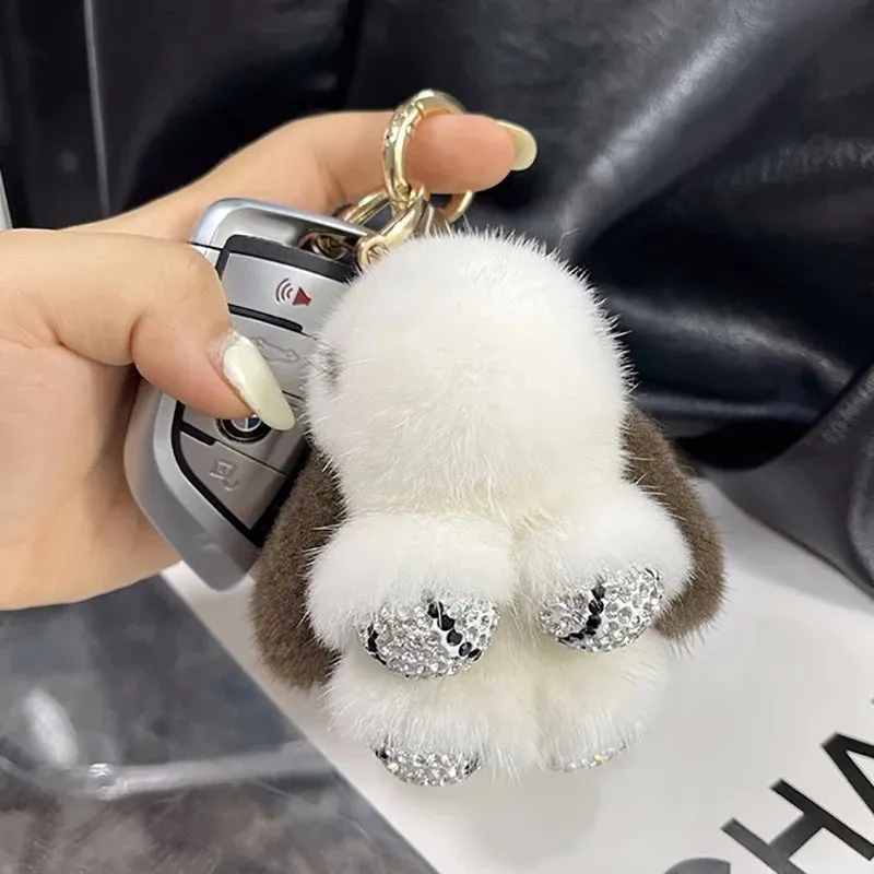 Cute Soft Luxury Furry Bunny Rabbit Rhinestone Plushie Keychain Phone Bag Charm