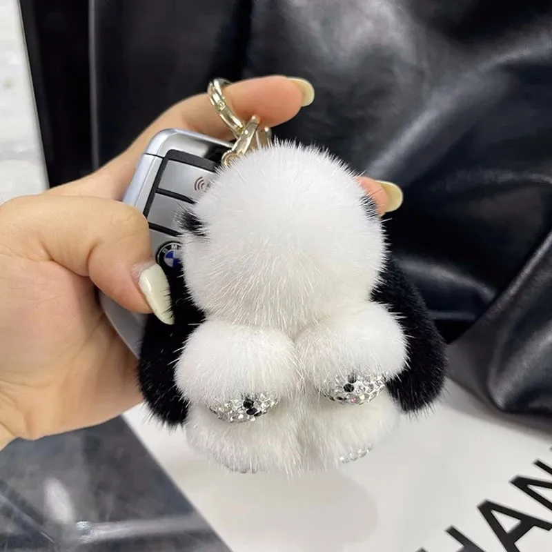 Cute Soft Luxury Furry Bunny Rabbit Rhinestone Plushie Keychain Phone Bag Charm