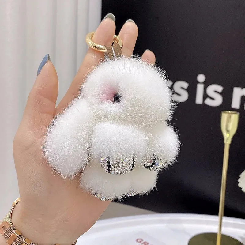 Cute Soft Luxury Furry Bunny Rabbit Rhinestone Plushie Keychain Phone Bag Charm