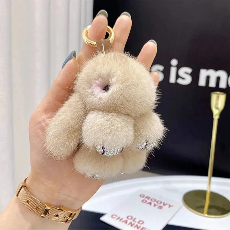 Cute Soft Luxury Furry Bunny Rabbit Rhinestone Plushie Keychain Phone Bag Charm