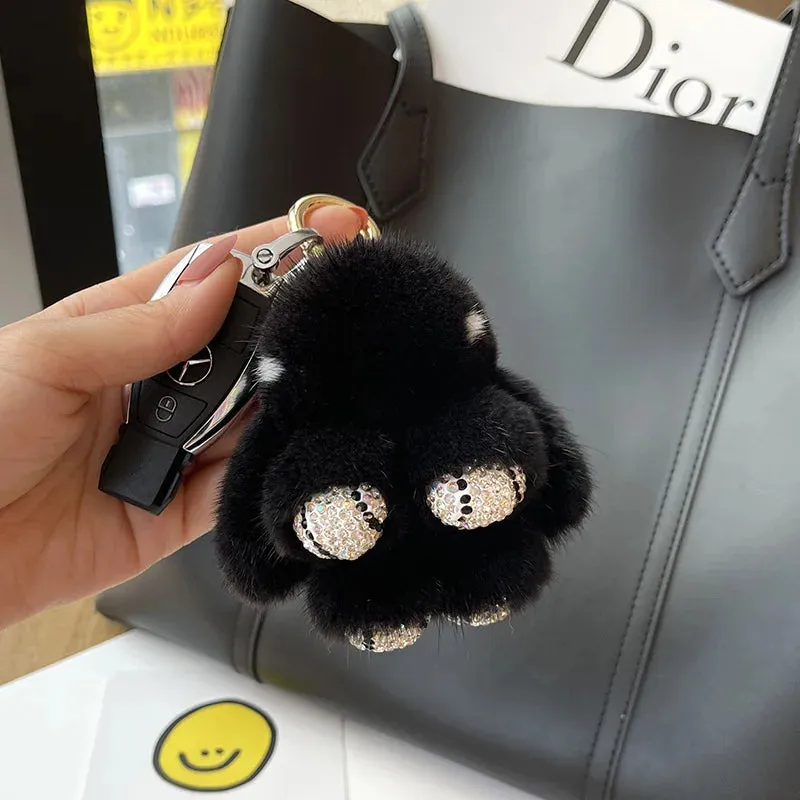 Cute Soft Luxury Furry Bunny Rabbit Rhinestone Plushie Keychain Phone Bag Charm