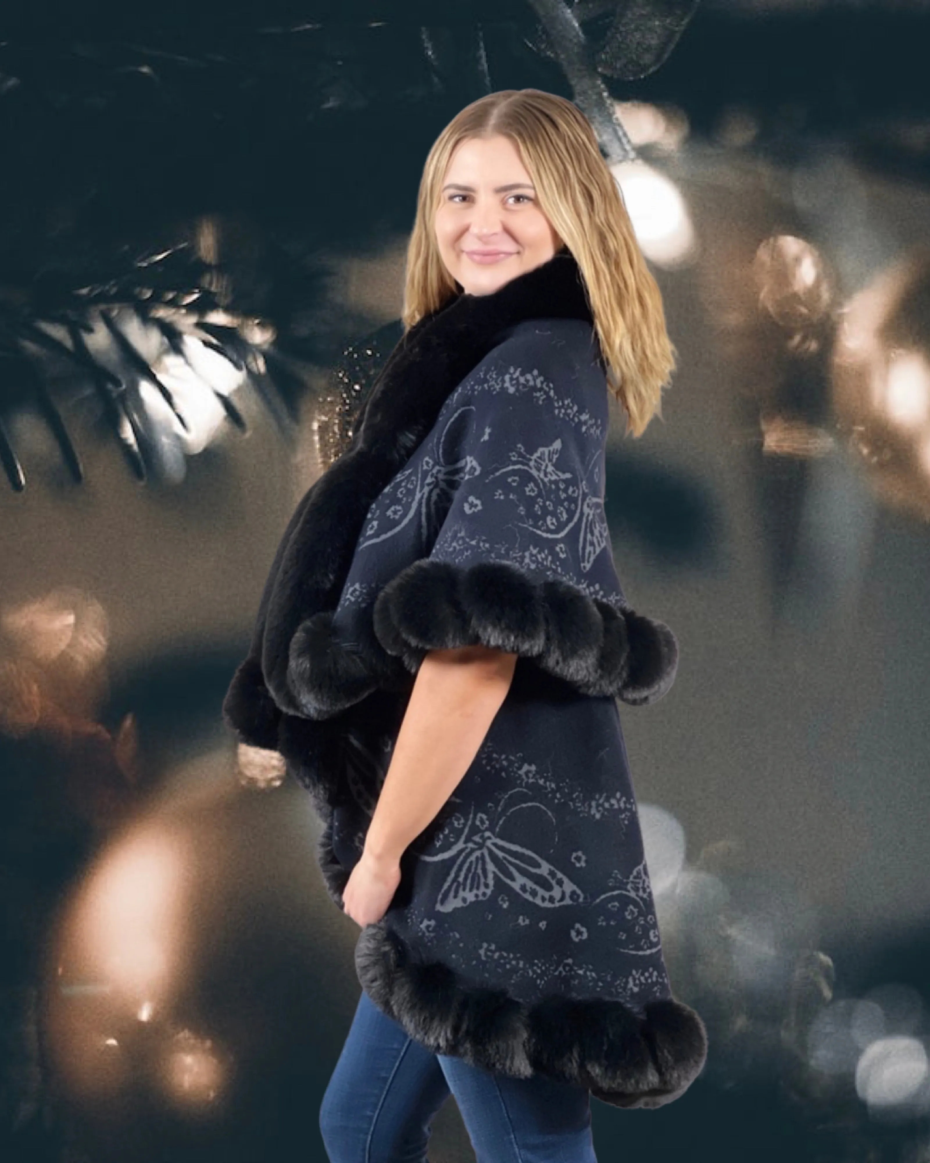 Faux Fur Trim Kimono Knitted Cape with butterfly jacquard pattern Autumn Winter Imitation Rabbit Fur Collar Windproof Cloak Boho Style  Fur Collar Shawl Warm Cardigan - Black