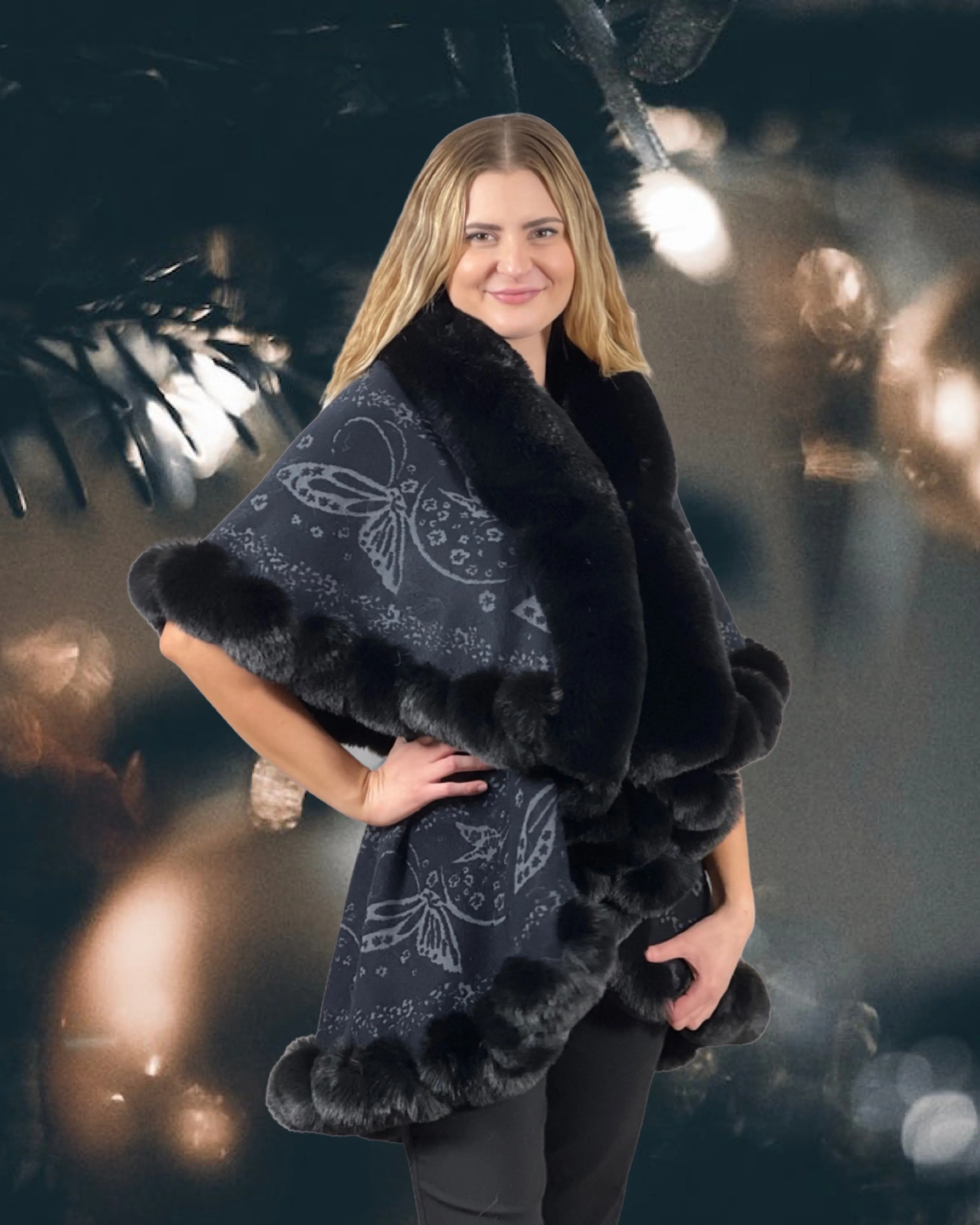 Faux Fur Trim Kimono Knitted Cape with butterfly jacquard pattern Autumn Winter Imitation Rabbit Fur Collar Windproof Cloak Boho Style  Fur Collar Shawl Warm Cardigan - Black