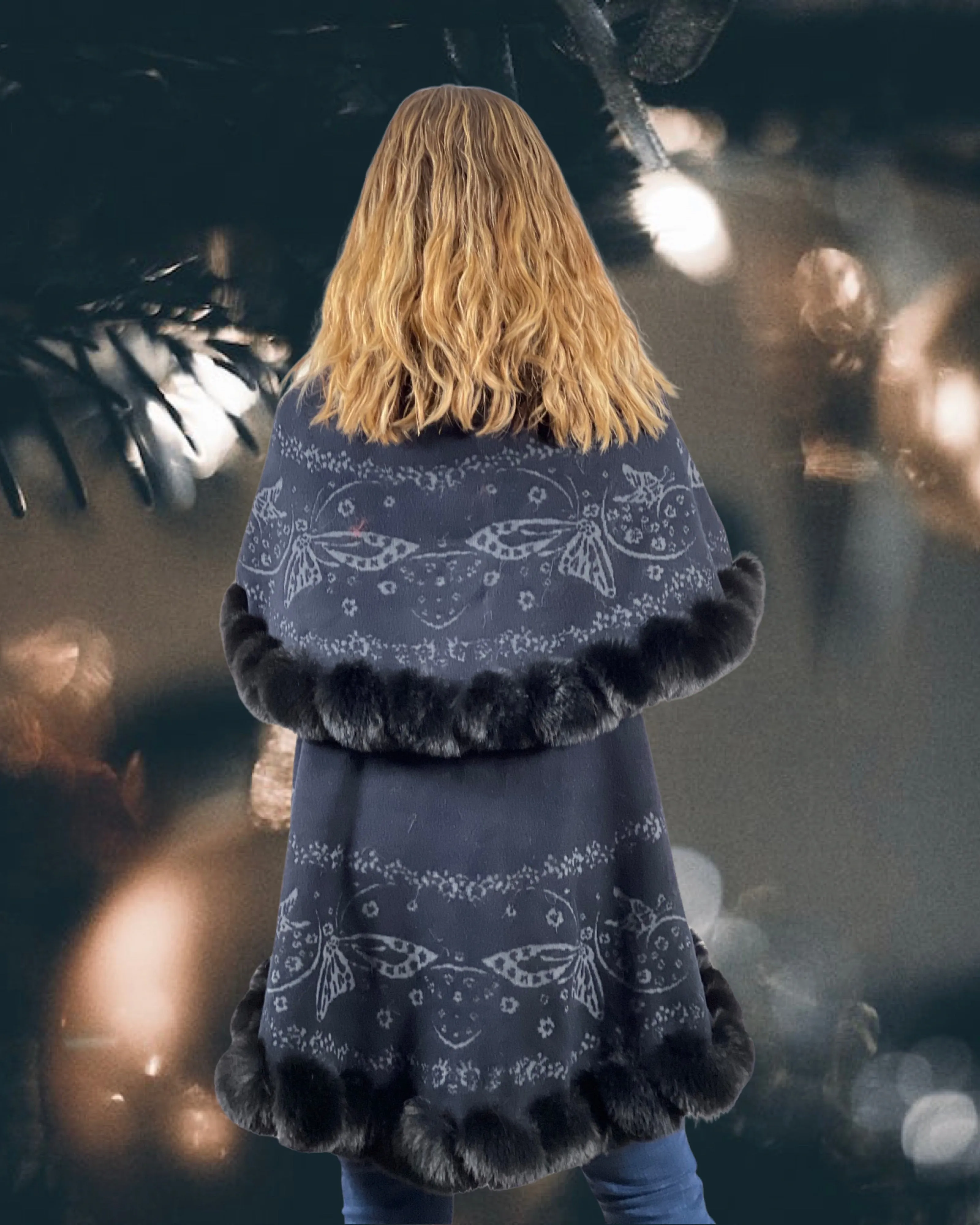 Faux Fur Trim Kimono Knitted Cape with butterfly jacquard pattern Autumn Winter Imitation Rabbit Fur Collar Windproof Cloak Boho Style  Fur Collar Shawl Warm Cardigan - Black