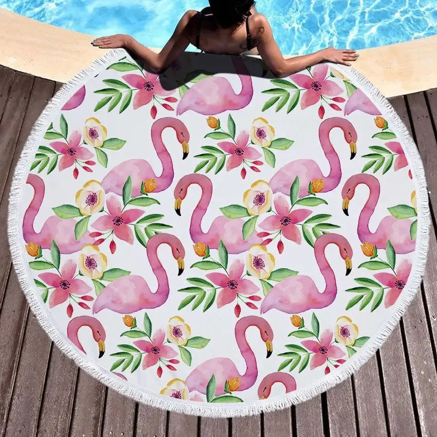 Floral Flamingo Beach Towel with Tassel - 500g Microfiber, Extra Large 150cm - Perfect for Adults - Versatile Bath, Shower, Picnic, Yoga Mat, and Blanket Carpe
