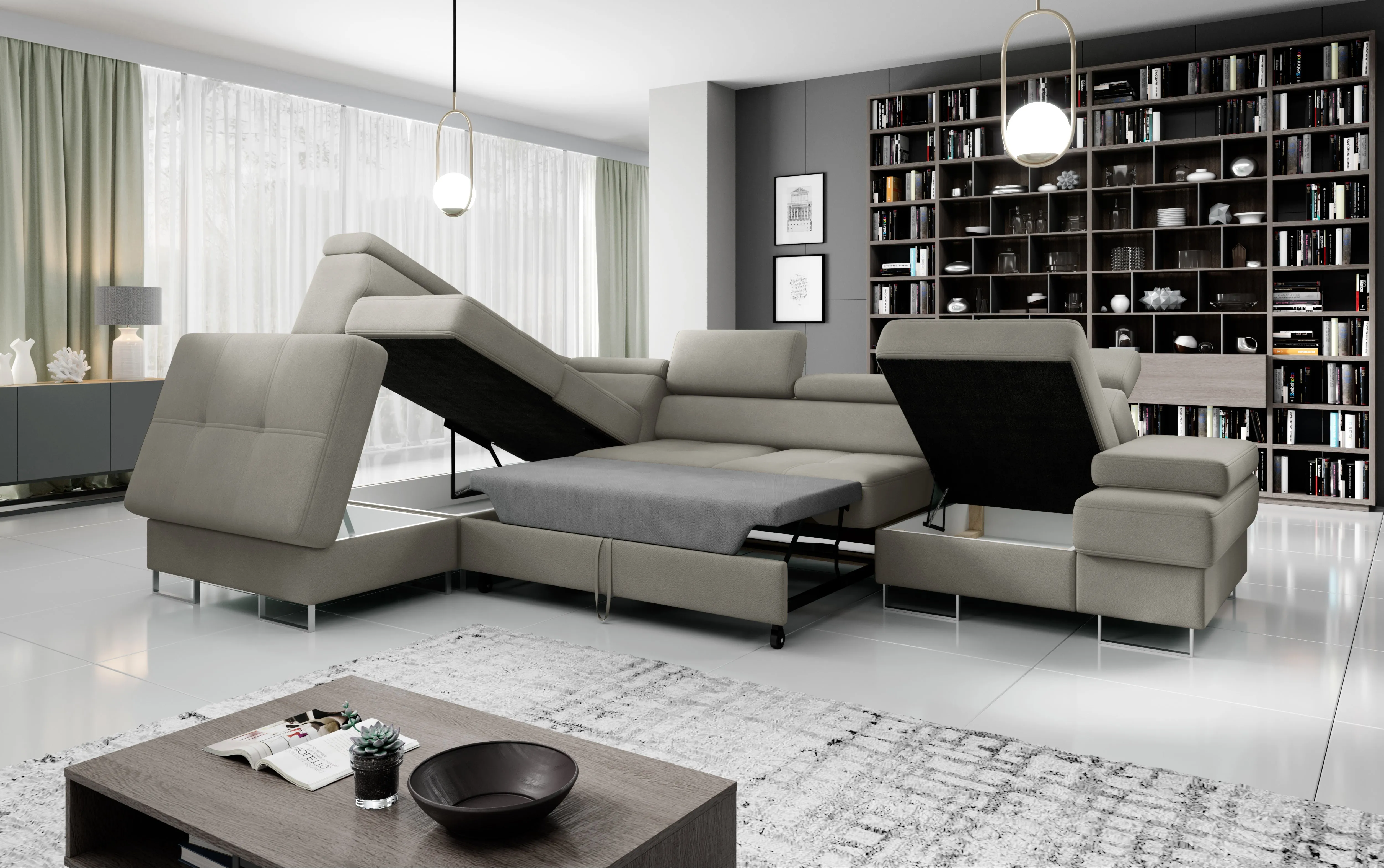 GALAXY L2 Natural Leather 131" x 88"  Wide Sleeper Sectional with Storage