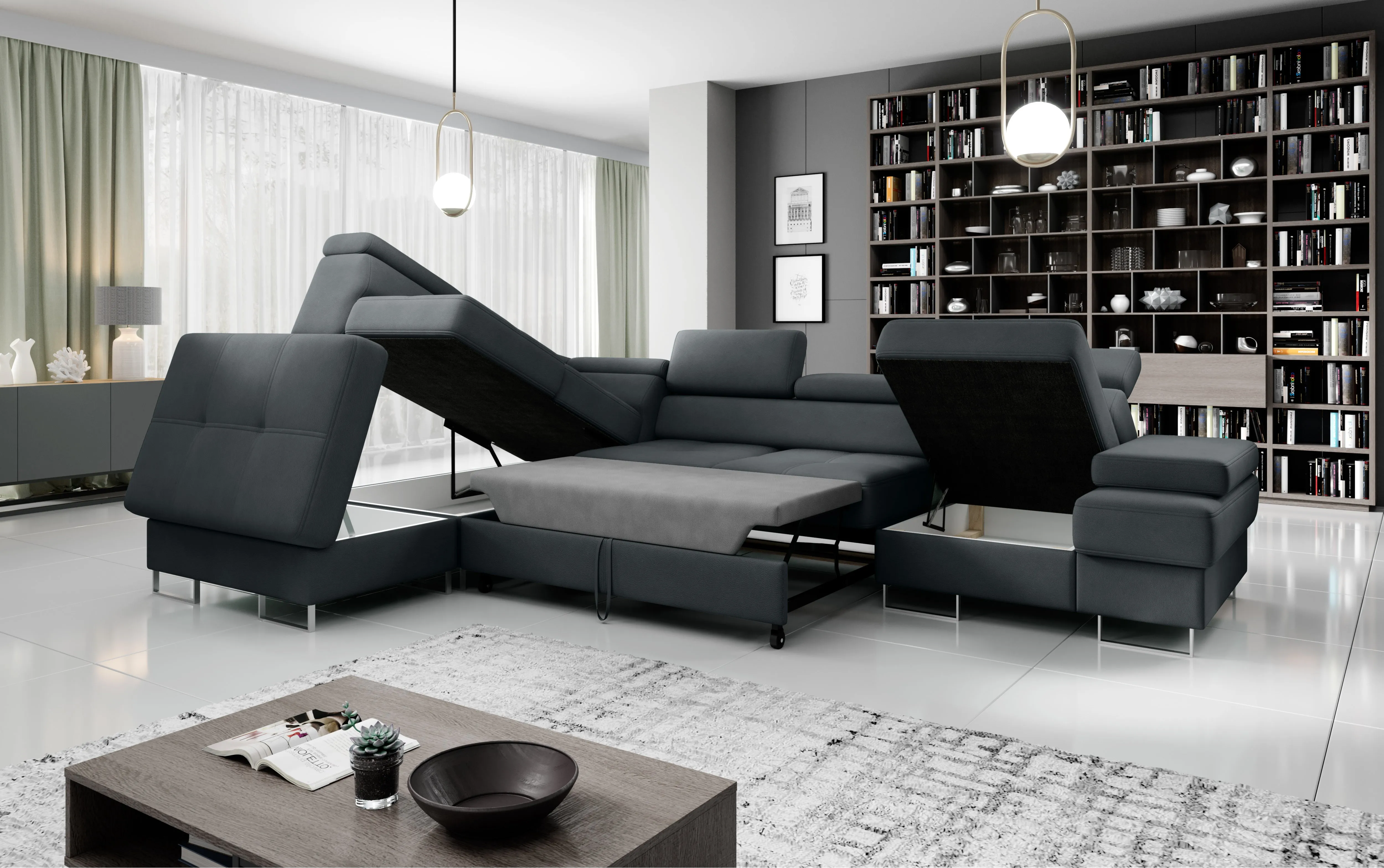 GALAXY L2 Natural Leather 131" x 88"  Wide Sleeper Sectional with Storage