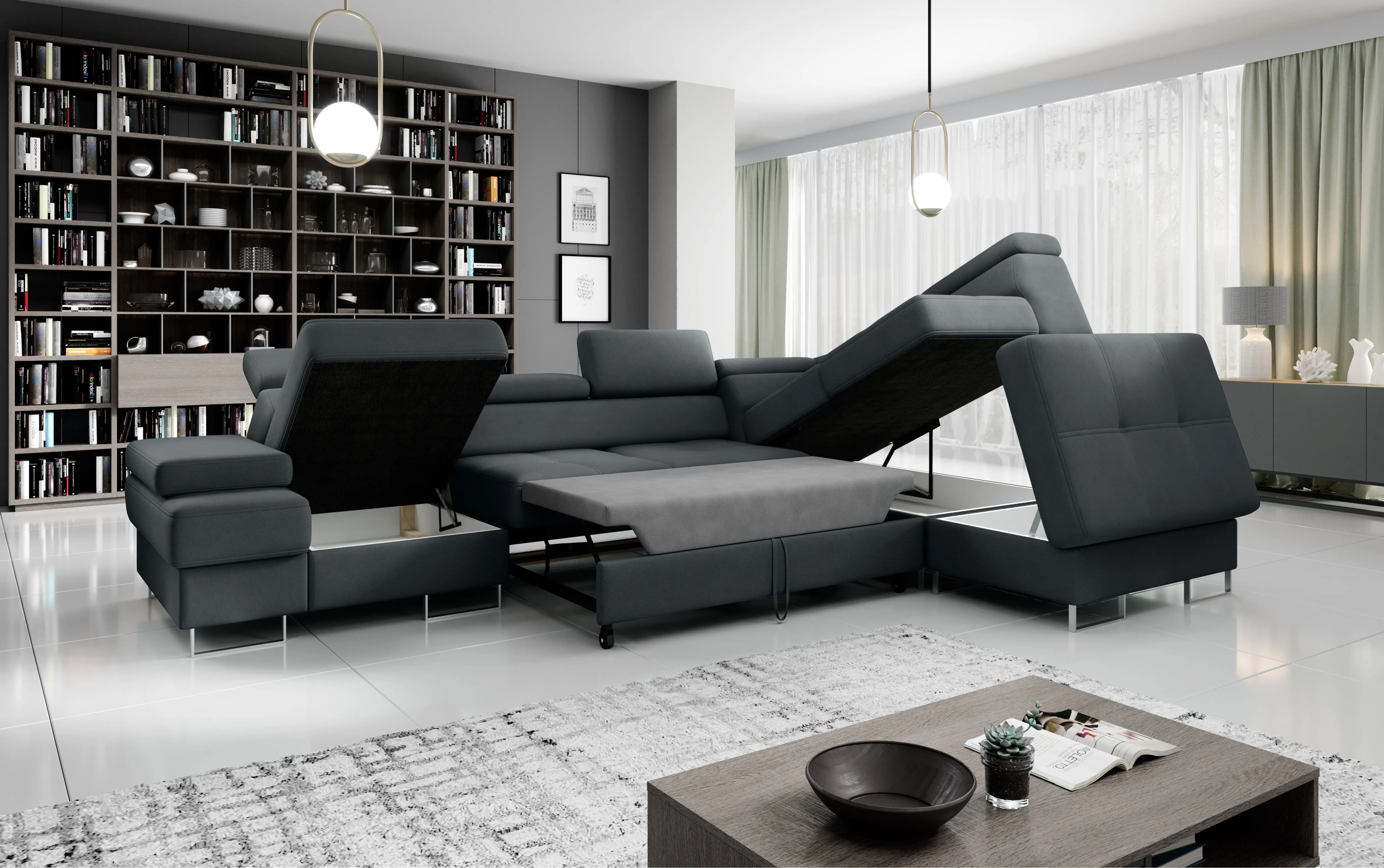GALAXY L2 Natural Leather 131" x 88"  Wide Sleeper Sectional with Storage