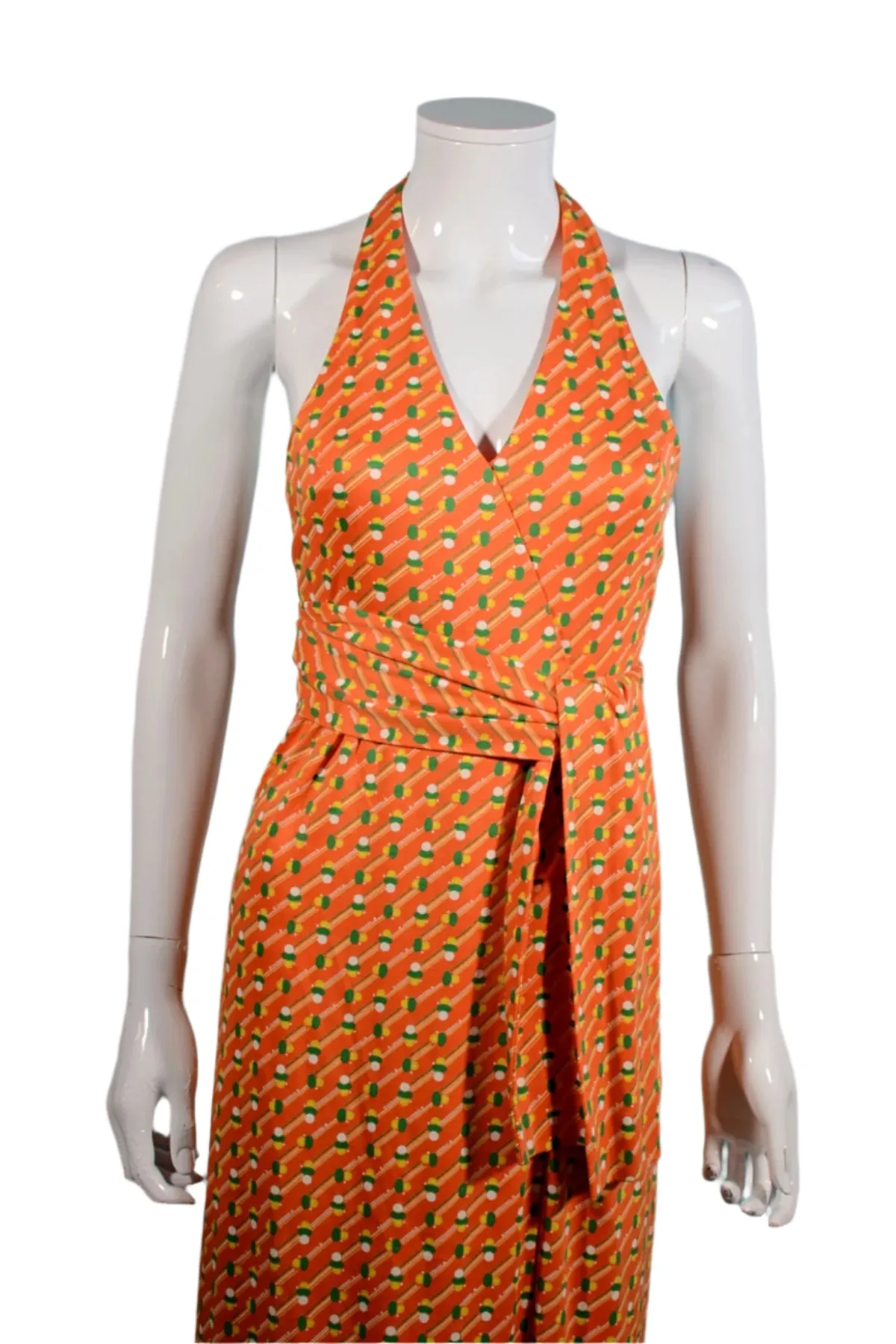 Geoffrey Beene Boutique 1970s Halter Maxi Dress, Slit Skirt Belt S