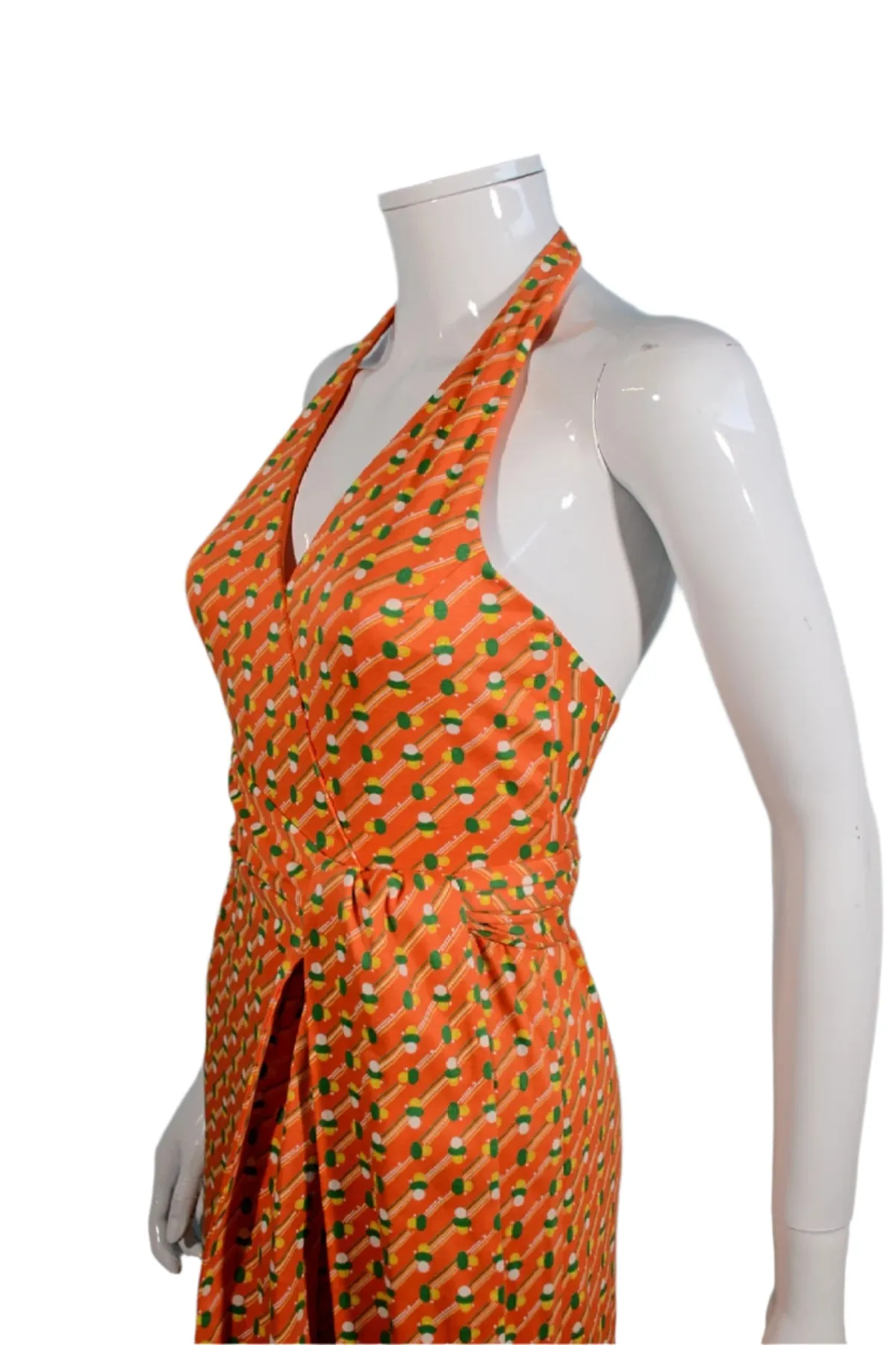 Geoffrey Beene Boutique 1970s Halter Maxi Dress, Slit Skirt Belt S